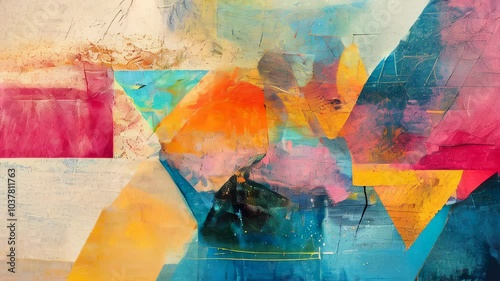 A colorful abstract painting featuring vibrant geometric shapes and dynamic brushstrokes, creating a lively and expressive artistic composition.