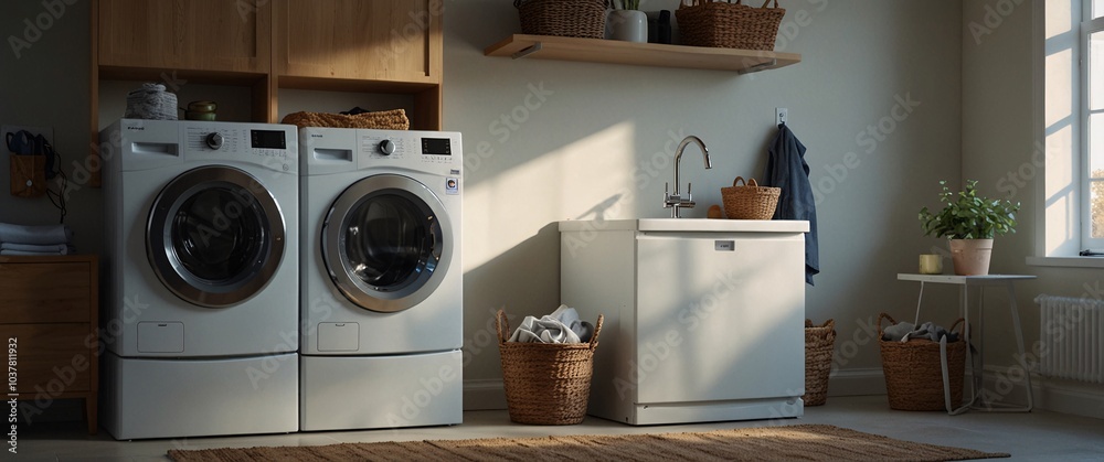 A modern washing machine in a bright, clean utility room, highlighting the appliance's sleek design and advanced technology. The scene shows freshly laundered clothes neatly folded nearby, capturing t A modern washing machine in a bright, clean utility room, highlighting the appliance's sleek design and advanced technology. The scene shows freshly laundered clothes neatly folded nearby, capturing t