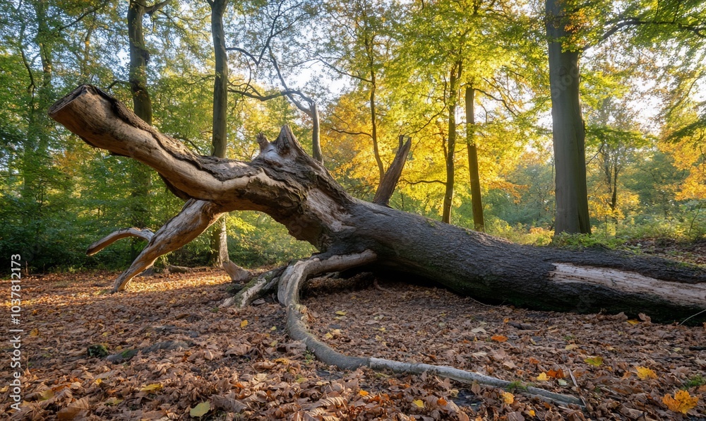 A fallen tree in a serene forest during autumn. A fallen tree in a serene forest during autumn.