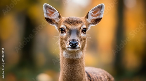 A close-up portrait of a young deer with large ears and brown fur, looking directly at the camera, with a blurred autumn forest background.