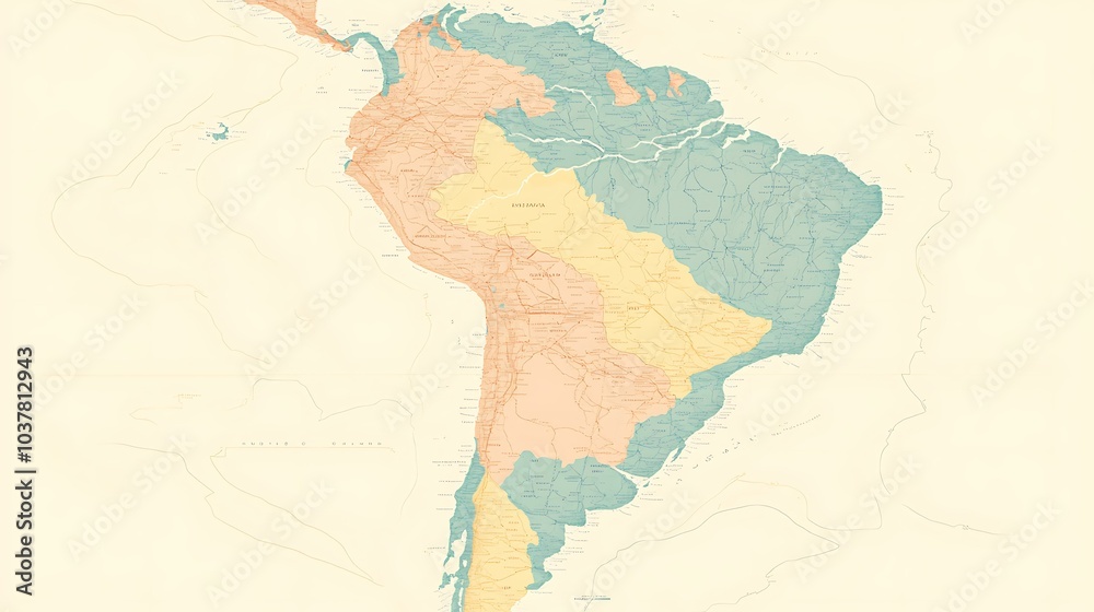 Naklejka premium A minimalist map of South America in pastel colors with simple country borders and river systems faintly outlined