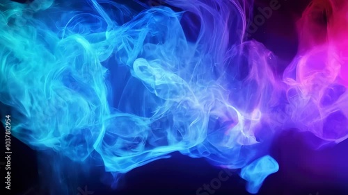 Wisps of vibrant blue and purple smoke swirl against a dark background, creating a dynamic and atmospheric abstract composition.