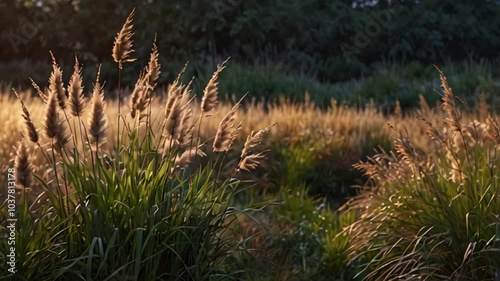 Animation of The Wind’s Passage Through Reed Grass. Serene path of wind softly flowing through reed grass. Realistic motion. photo