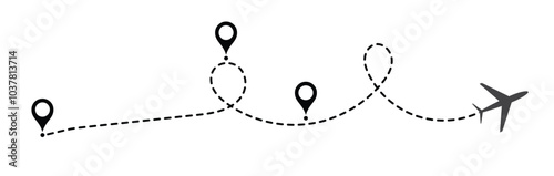 flight path of the aircraft from the point of location along the dotted line, Airplane line path vector travel line. plane travelling from start point to end point with dotted line