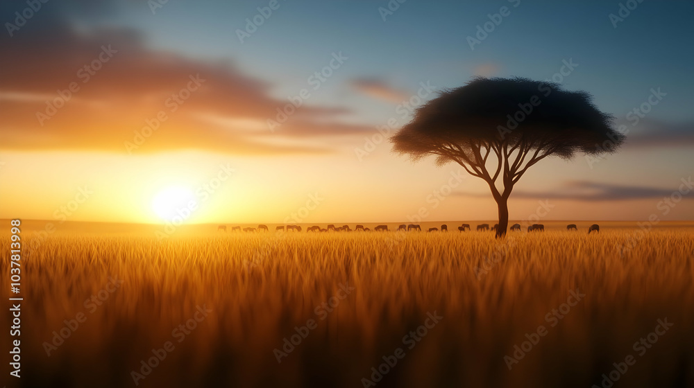 Serene sunset over golden fields with a solitary tree silhouetted against a vibrant sky. Serene sunset over golden fields with a solitary tree silhouetted against a vibrant sky.