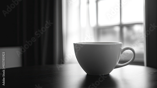 A coffee cup on the table in front of the windowsill, black and white image