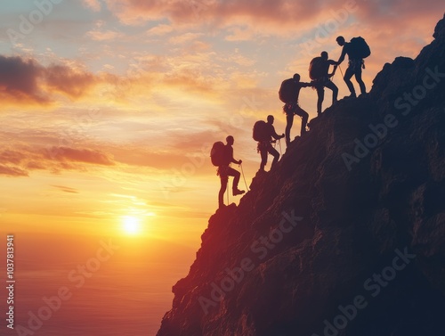 diverse group scaling a majestic mountain peak at sunset silhouettes against a vibrant sky of oranges and purples panoramic view emphasizes teamwork and achievement