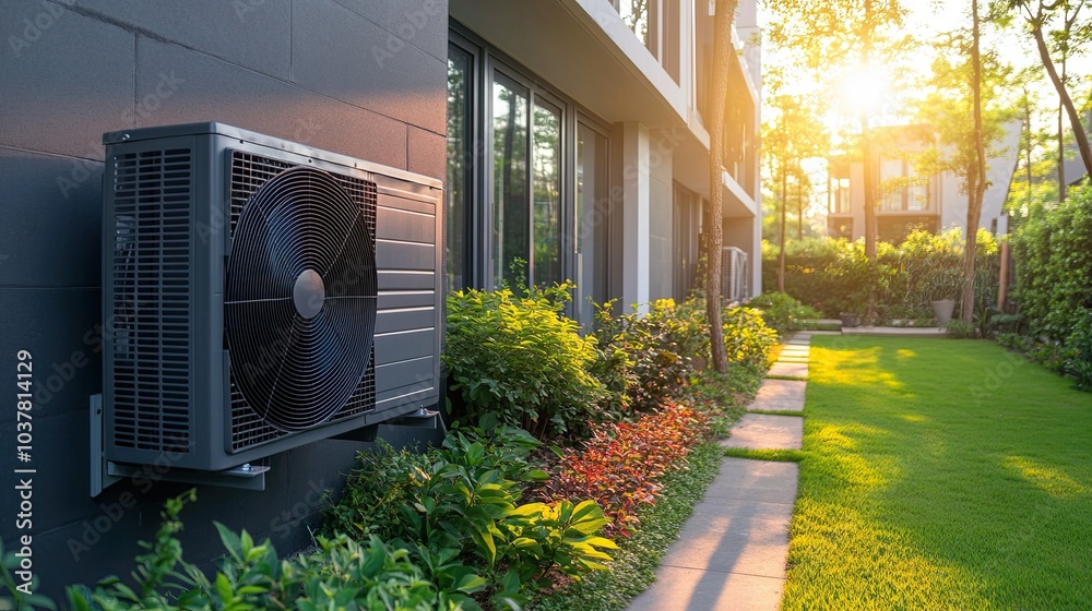 A residential structure has an air source heat pump installed.