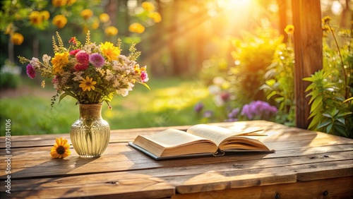 Fototapeta Naklejka Na Ścianę i Meble -  A vibrant bouquet of summer blooms in a clear glass vase rests on a rustic wooden table, accompanied by an open book, bathed in the warm glow of the setting sun.
