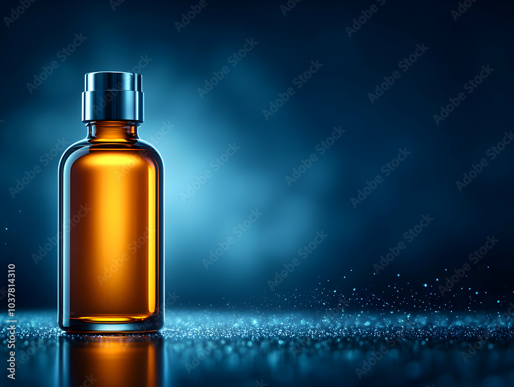 Stylish amber glass bottle with a metallic cap on a blurred blue background. Stylish amber glass bottle with a metallic cap on a blurred blue background.