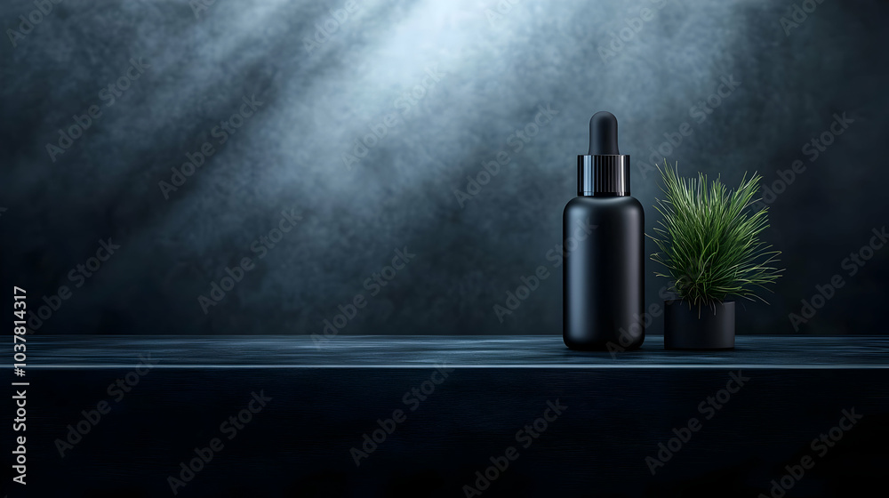 Elegant black bottle on a dark surface with a small plant, creating a calming and modern aesthetic. Elegant black bottle on a dark surface with a small plant, creating a calming and modern aesthetic.