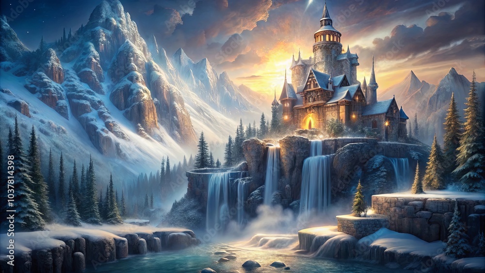 A majestic castle perched atop a snow-covered mountain, with cascading waterfalls flowing into a river winding through the valley, creating a scene of enchanting beauty. A majestic castle perched atop a snow-covered mountain, with cascading waterfalls flowing into a river winding through the valley, creating a scene of enchanting beauty.