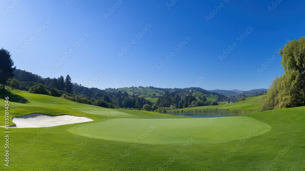 Naklejka premium A scenic outdoor golf course with rolling green hills, sand traps, water hazards