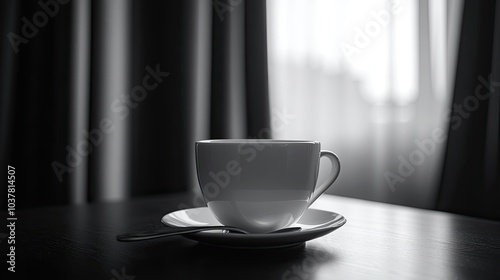 A coffee cup on the table in front of the windowsill, black and white image