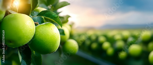 Green apples growing on trees in an orchard, with a blurred background of a beautiful landscape under a colorful sky. photo