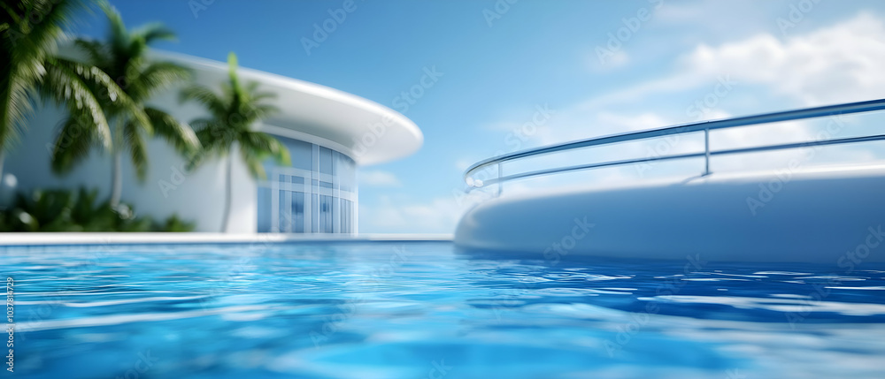 Fototapeta premium Beautiful modern pool with blue water, tropical plants, and elegant architecture against a clear sky.