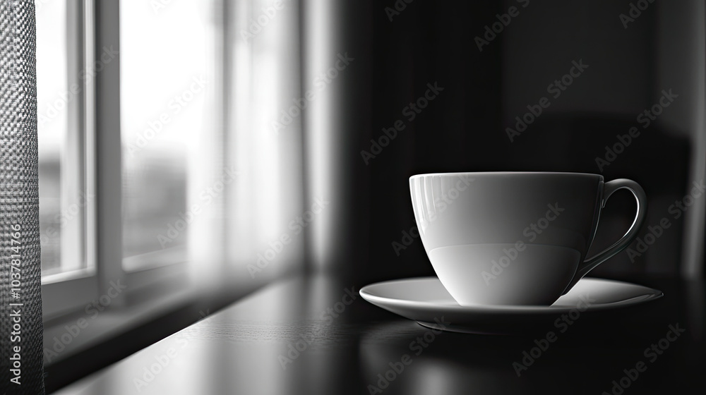 A coffee cup on the table in front of the windowsill, black and white image A coffee cup on the table in front of the windowsill, black and white image