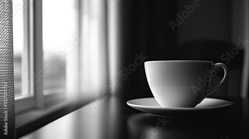 A coffee cup on the table in front of the windowsill, black and white image