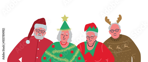 Elderly People in Christmas Costumes. Christmas Party. Senior Men Senior Women Stand Together. Positive Active Seniors. Santa Claus, Christmas Tree, Elf Woman, Deer. Vector Illustration on White