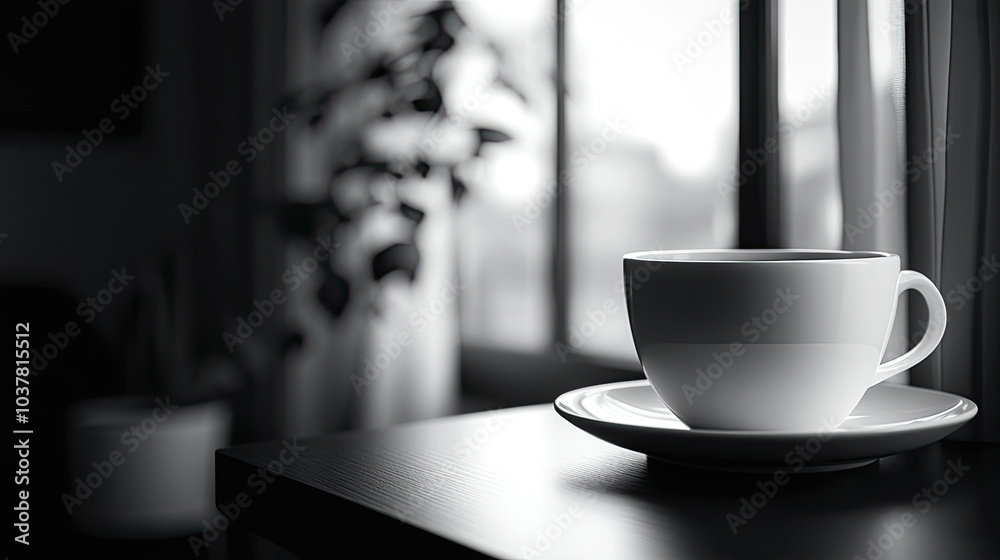 A coffee cup on the table in front of the windowsill, black and white image A coffee cup on the table in front of the windowsill, black and white image