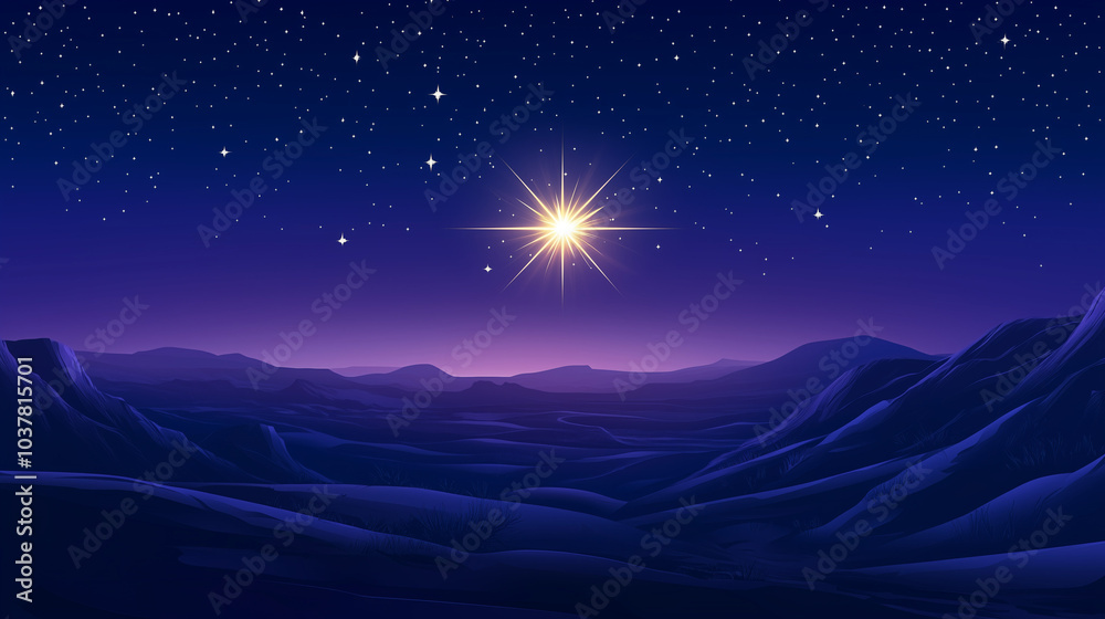 Obraz premium Bright Star of Bethlehem shining in the night sky, surrounded by twinkling stars, soft glow illuminating the dark, peaceful atmosphere, desert landscape with distant hills faintly visible below