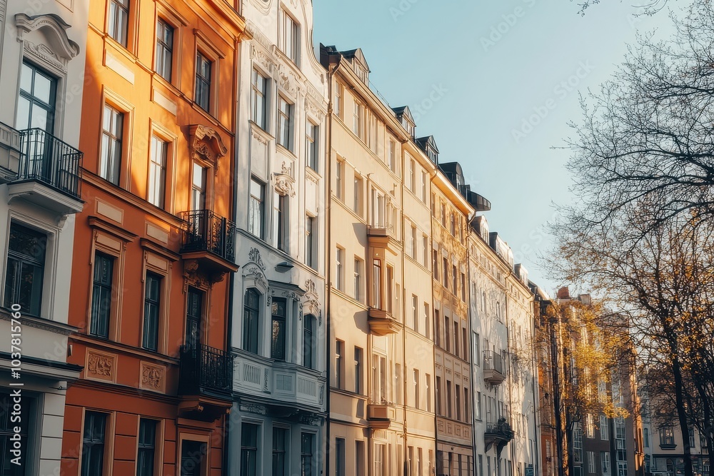 Historic european architecture at golden hour: sunlit facades of a classic residential street Historic european architecture at golden hour: sunlit facades of a classic residential street