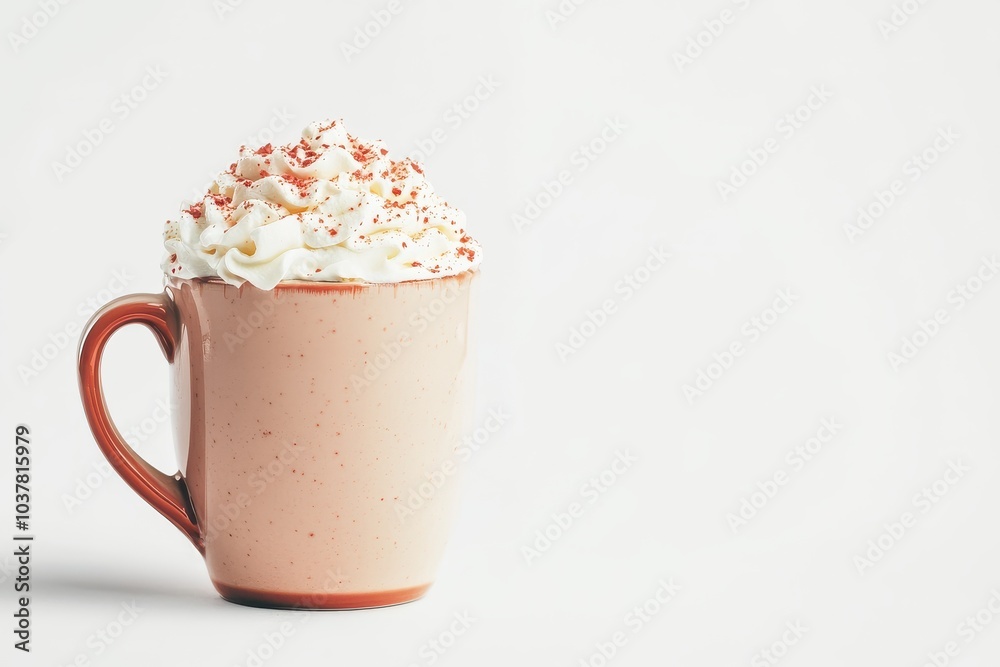 Cozy cup of hot chocolate with whipped cream and sprinkles on white background Cozy cup of hot chocolate with whipped cream and sprinkles on white background