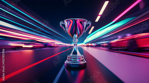 Wallpaper Mural A dynamic trophy in motion, symbolizing victory amidst colorful neon lights on a racing track. Torontodigital.ca