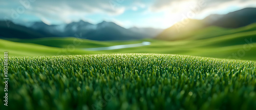 Vibrant green grass field under a clear sky, showcasing the beauty of nature with mountains in the background.