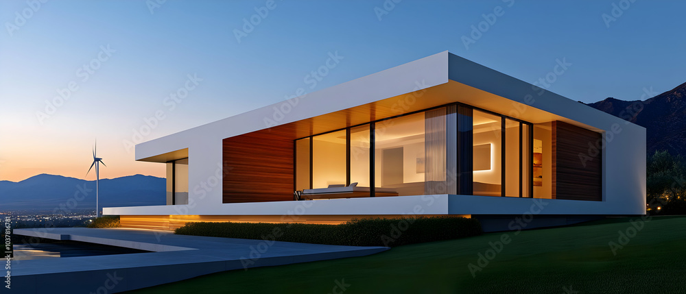 Fototapeta premium Modern architectural design of a home at sunset with large windows and natural surroundings.