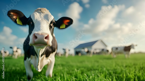 A curious cow stands in a green field, with a farm in the background, showcasing rural life and livestock. photo