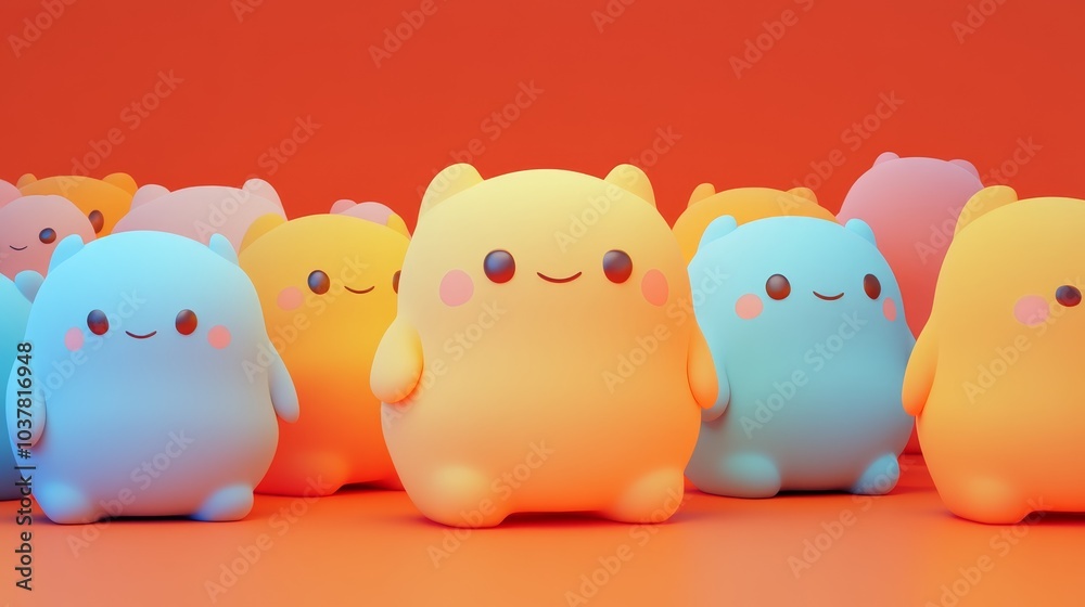 A colorful gathering of cute, cartoonish creatures with cheerful expressions. A colorful gathering of cute, cartoonish creatures with cheerful expressions.