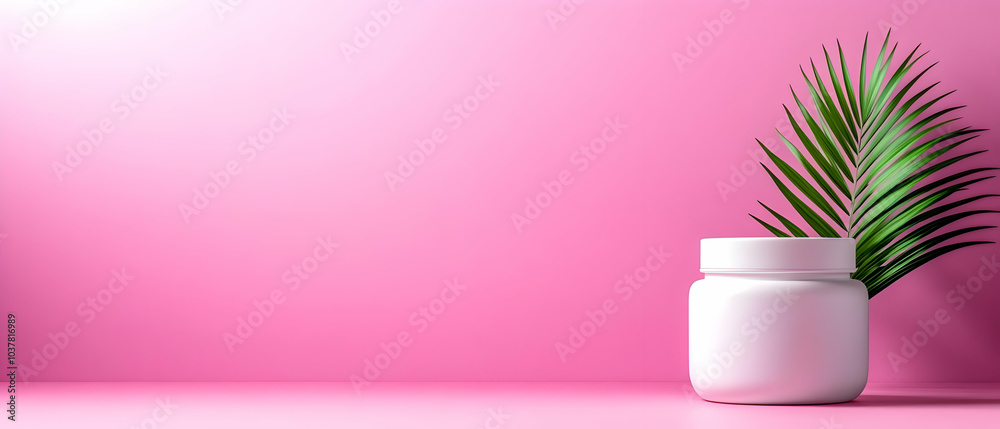A minimalist scene showcasing a white jar beside a green leaf on a pink backdrop, perfect for wellness and beauty products. A minimalist scene showcasing a white jar beside a green leaf on a pink backdrop, perfect for wellness and beauty products.