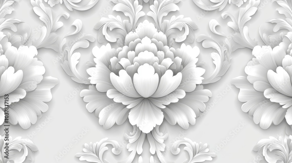 A decorative floral pattern in white tones, ideal for backgrounds or wallpapers. A decorative floral pattern in white tones, ideal for backgrounds or wallpapers.