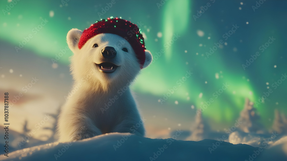 Fototapeta premium A cheerful polar bear wearing a festive hat, surrounded by snowy landscape and the vibrant northern lights in the night sky.