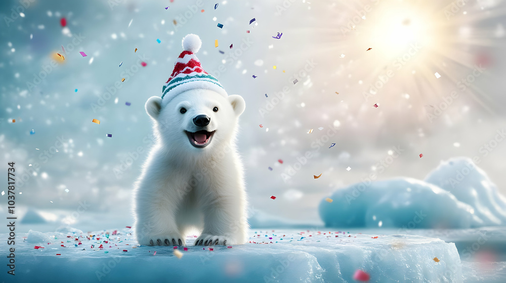 A cheerful polar bear wearing a festive party hat, surrounded by falling snow and a bright sun in the background. A cheerful polar bear wearing a festive party hat, surrounded by falling snow and a bright sun in the background.