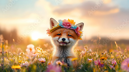 A cheerful fox adorned with flowers, basking in a vibrant field during sunset, radiating joy and nature's beauty. photo