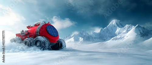 Red vehicle navigating through a snowy landscape against towering mountains. photo