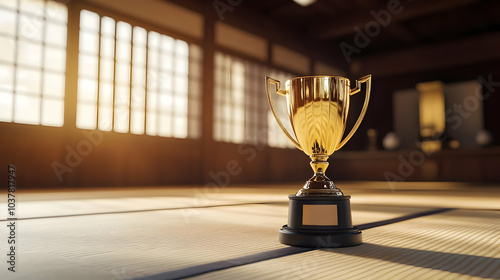Golden trophy placed on tatami floor, illuminated by sunlight in traditional dojo setting.