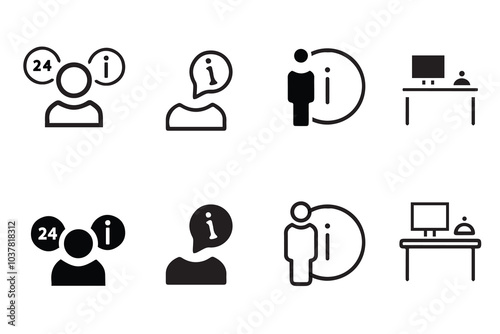 Reception desk web icon set. Vector illustration of receptionist, hotel bell, customer service, counter, information, registration, reservation, staff, guest, client, assistance, cashier., restaurant.