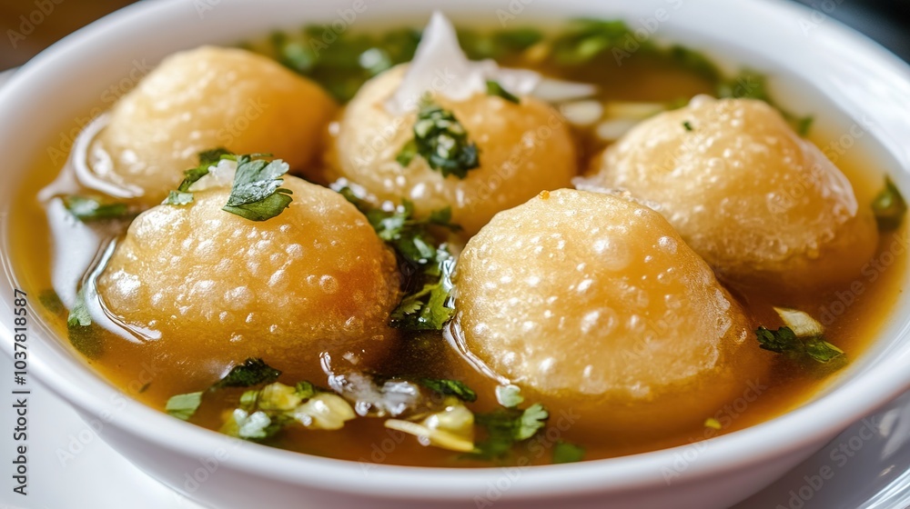 Delicious Pani Puri served on a rustic wooden platter. This popular Indian street food features crispy hollow puris filled with a spicy mixture of tangy tamarind water, chickpeas, and potatoes. Delicious Pani Puri served on a rustic wooden platter. This popular Indian street food features crispy hollow puris filled with a spicy mixture of tangy tamarind water, chickpeas, and potatoes.