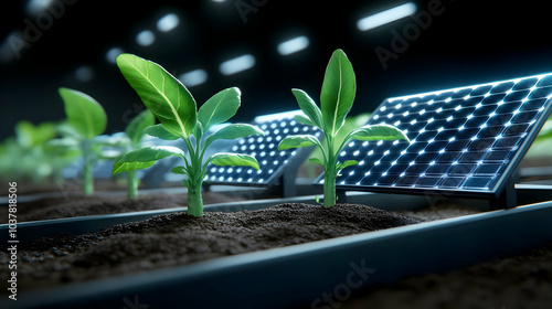 Young plants growing with solar panels in a modern, sustainable farming setup.