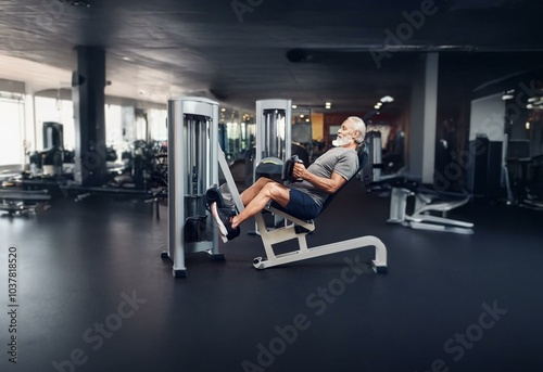 An older man in a gym working out on a leg press machine.