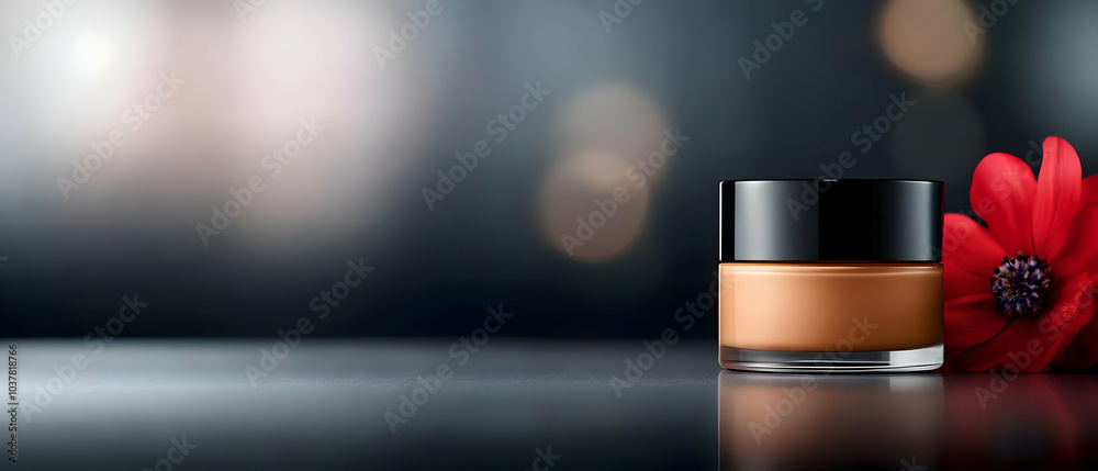 Cosmetic jar with a black lid, placed alongside a vibrant red flower, on a softly blurred background. Cosmetic jar with a black lid, placed alongside a vibrant red flower, on a softly blurred background.