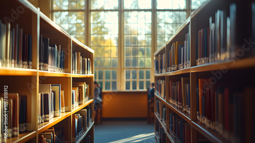 Sunlit Serenity: Immersed in Knowledge Within a Quiet Library's Timeless Ambiance