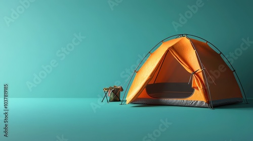 Vibrant orange camping tent set against a teal background, ideal for outdoor enthusiasts and adventure lovers. photo