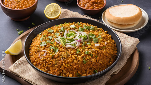 Spicy Misal Pav or usal Pav is a traditional snack or Chaat food from Maharashtra, India. Served with chopped onion, lemon wedges and farsan. Selective focus with copy space