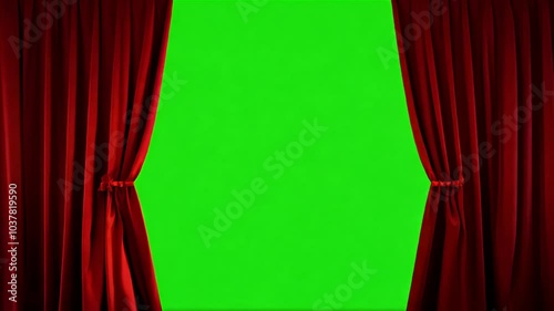 Watch 3D animation video presents red theater curtain opening closing reveal green screen chroma key background captures essence empty view  photo