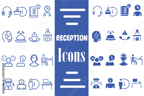 Reception desk web icon set. Vector illustration of receptionist, hotel bell, customer service, counter, information, registration, reservation, staff, guest, client, assistance, cashier., restaurant.