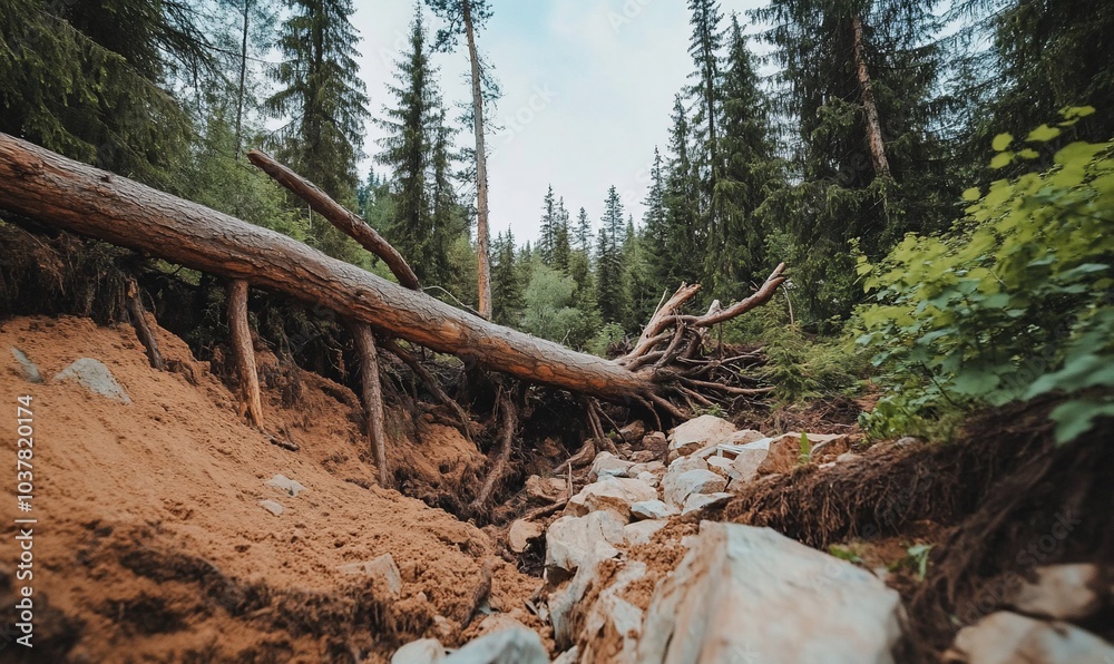 A forest scene featuring fallen trees and rocky terrain. A forest scene featuring fallen trees and rocky terrain.